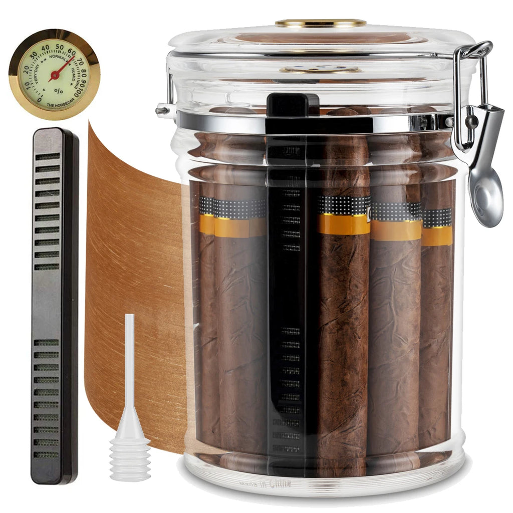 Acrylic Cigar Humidor Jar with Hygrometer & Humidifier - Cedar Lined Portable Travel Humidor | 15-20 Cigar Capacity Storage Container