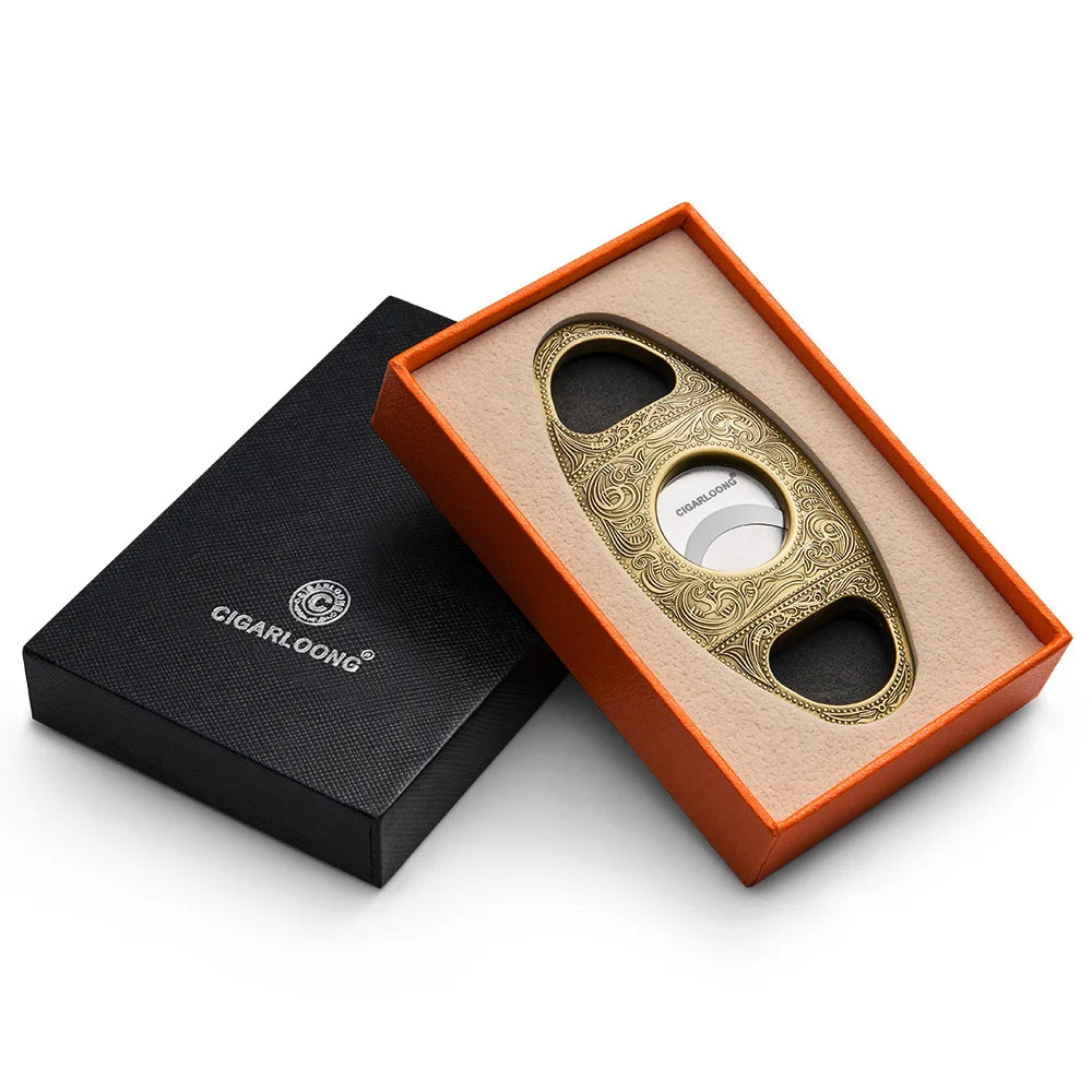 Ornate Stainless Steel Guillotine Cigar Cutter - Engraved Design with Gift Box | Portable Pocket Cutter