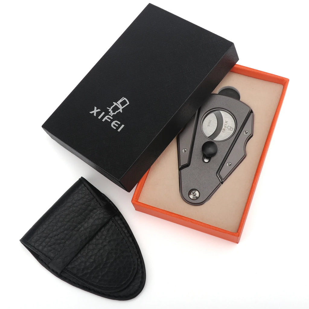 Pocket Cigar Cutter with Safety Lock & Leather Case - Stainless Steel Guillotine Cutter | Compact Gift Set