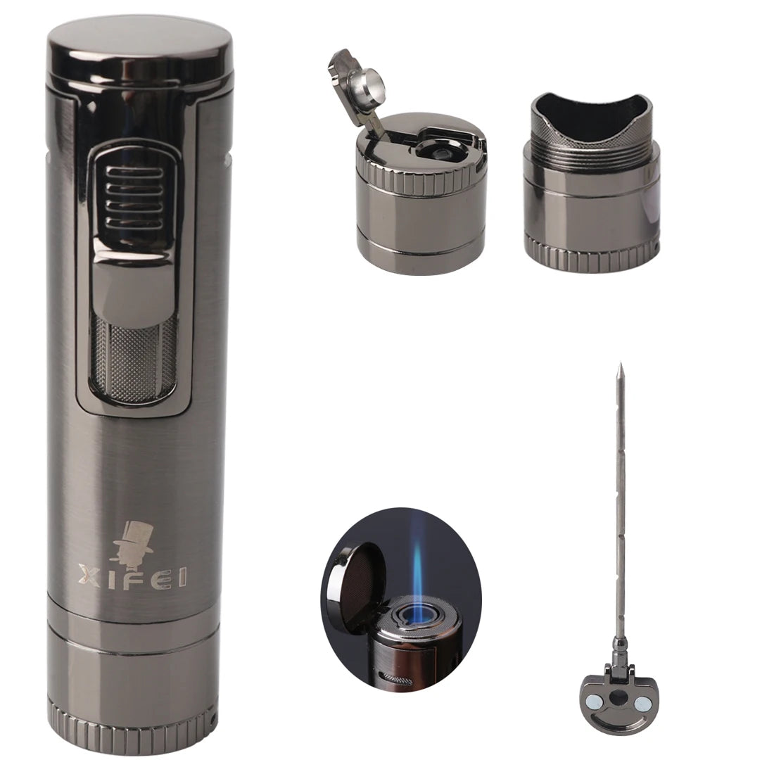 Torch Lighter with Cigar Punch & Stand - Refillable Butane Windproof Lighter - 4-in-1 Accessory Tool