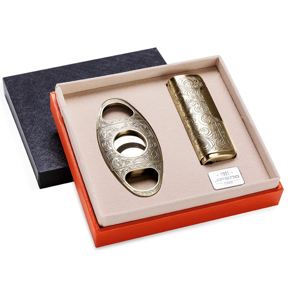 Luxury Engraved Cigar Lighter and Cutter Set - Windproof Torch Lighter | Stainless Steel Guillotine Cutter | Premium Gift Box