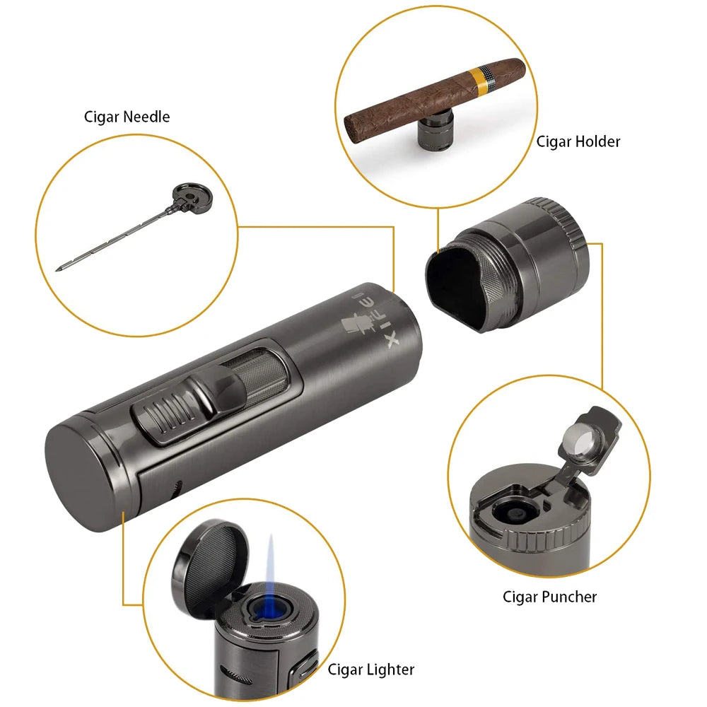 Torch Lighter with Cigar Punch & Stand - Refillable Butane Windproof Lighter - 4-in-1 Accessory Tool