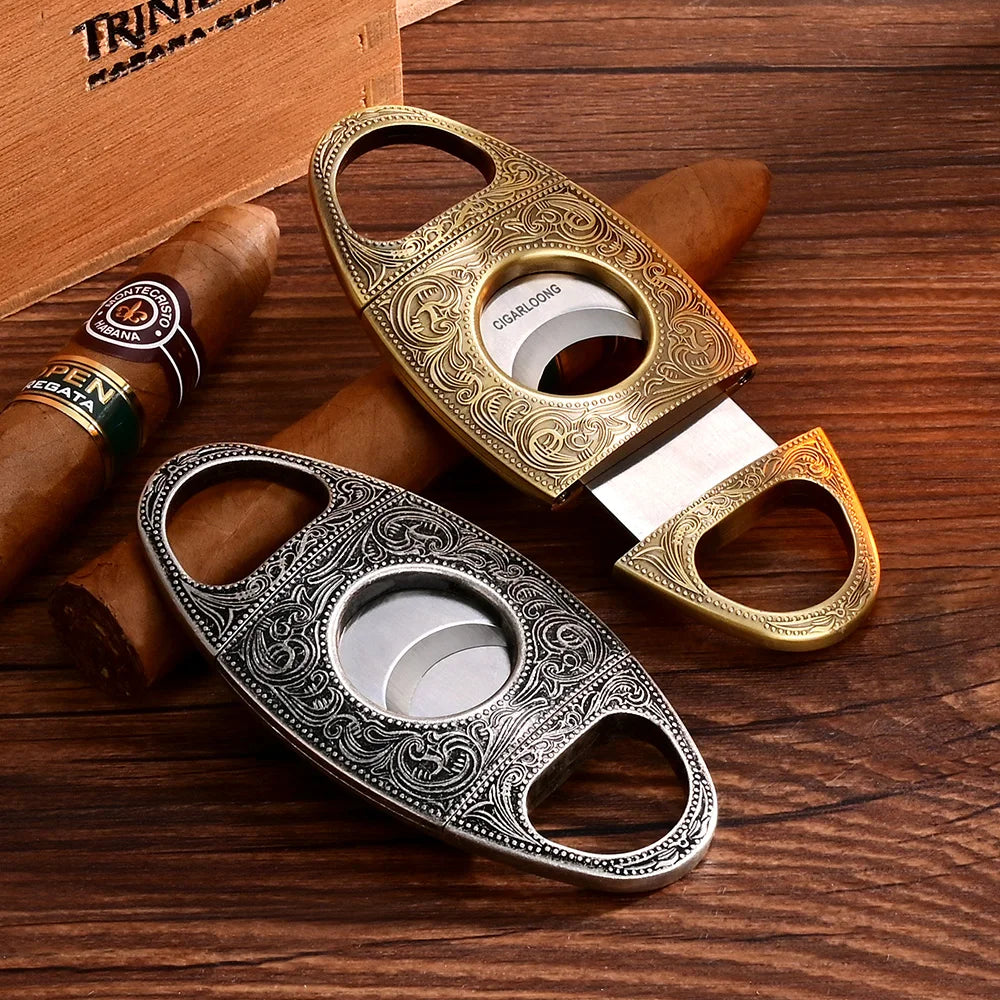 Ornate Stainless Steel Guillotine Cigar Cutter - Engraved Design with Gift Box | Portable Pocket Cutter