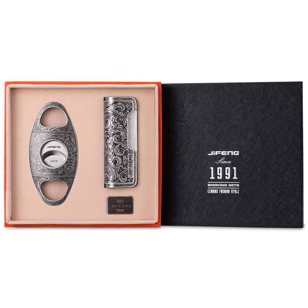 Luxury Engraved Cigar Lighter and Cutter Set - Windproof Torch Lighter | Stainless Steel Guillotine Cutter | Premium Gift Box