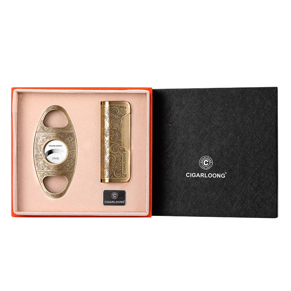 Luxury Engraved Cigar Lighter and Cutter Set - Windproof Torch Lighter | Stainless Steel Guillotine Cutter | Premium Gift Box