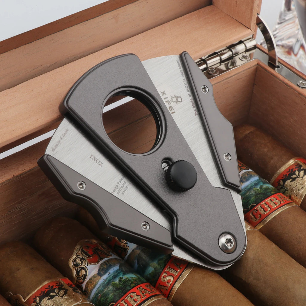 Pocket Cigar Cutter with Safety Lock & Leather Case - Stainless Steel Guillotine Cutter | Compact Gift Set