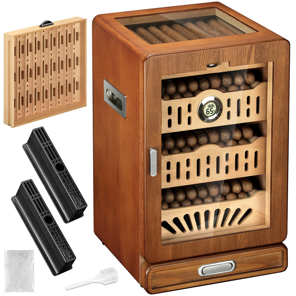 Cedar Wood Cigar Humidor Cabinet with Glass Top - 100-150 Cigar Capacity | Digital Hygrometer & Dual Humidifiers