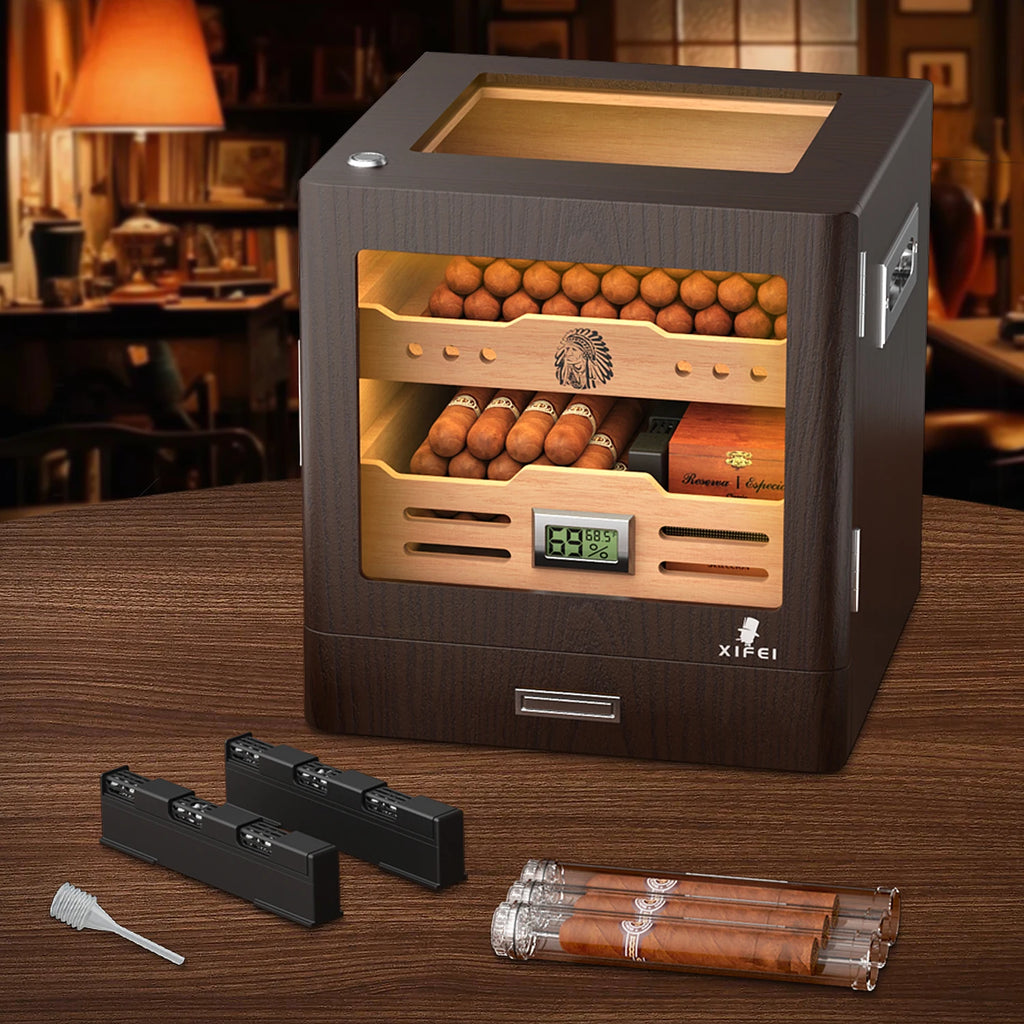 Desktop Cigar Humidor Cabinet - Cedar Wood 100 Cigar Capacity with Digital Hygrometer & LED Lighting | Premium Cigar Storage Box
