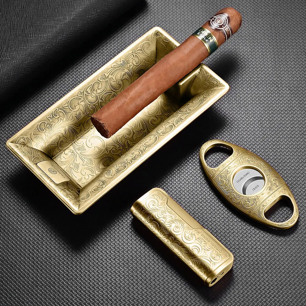 Premium Cigar Gift Set - Windproof Lighter, Cutter & Ashtray | Engraved Metal 3-Piece Cigar Accessories Kit