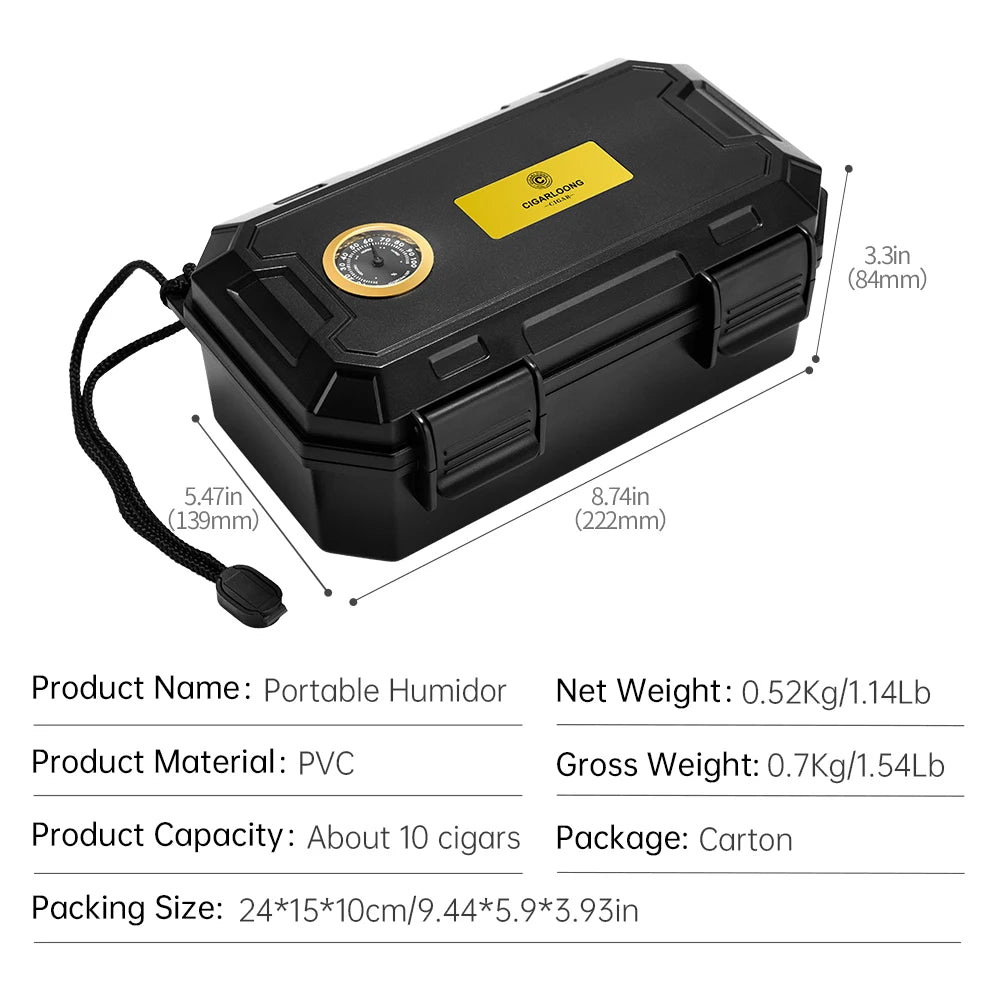 Portable Cigar Humidor Case - 10 Cigar Travel Holder with Hygrometer & Humidifier - Waterproof Storage Box