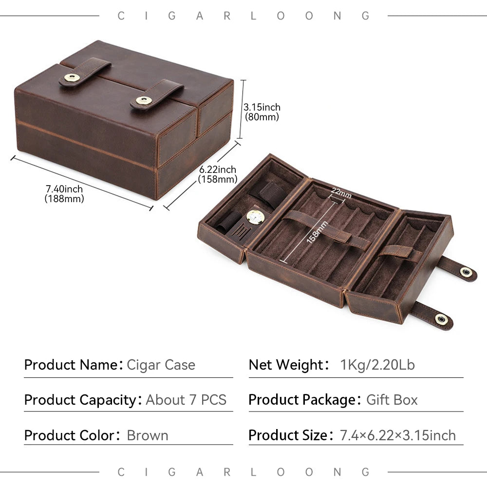 Leather Cigar Travel Case - 7 Cigar Humidor with Hygrometer - Portable Storage Box with Cutter & Lighter Holder