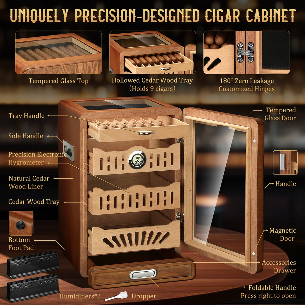 Cedar Wood Cigar Humidor Cabinet with Glass Top - 100-150 Cigar Capacity | Digital Hygrometer & Dual Humidifiers