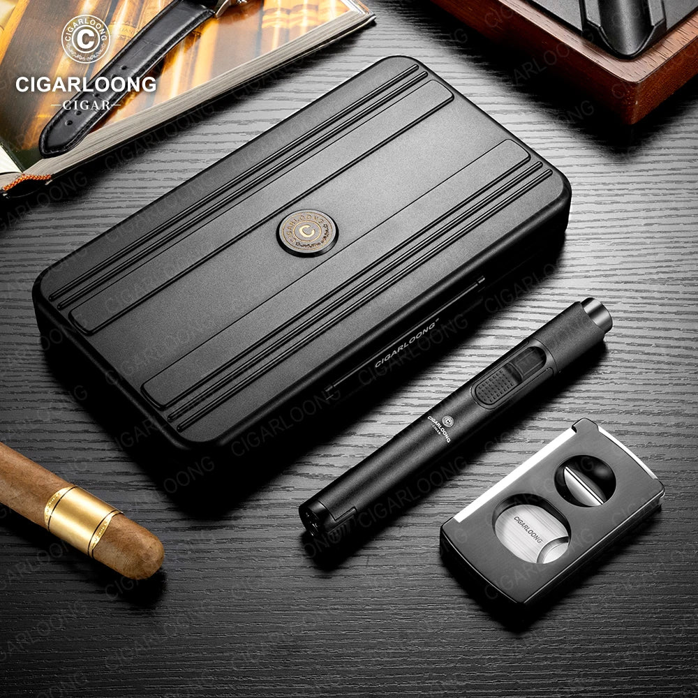 3-Piece Cigar Accessory Travel Case with Torch Lighter, V-Cutter & Humidor | Premium Aluminum Gift Set