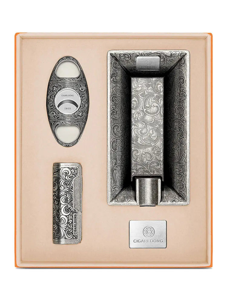 Premium Cigar Gift Set - Windproof Lighter, Cutter & Ashtray | Engraved Metal 3-Piece Cigar Accessories Kit