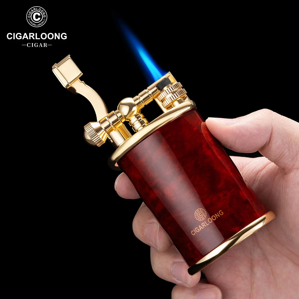 Red and gold lighter being held with a visible flame, brand 'CIGARLOONG' displayed.