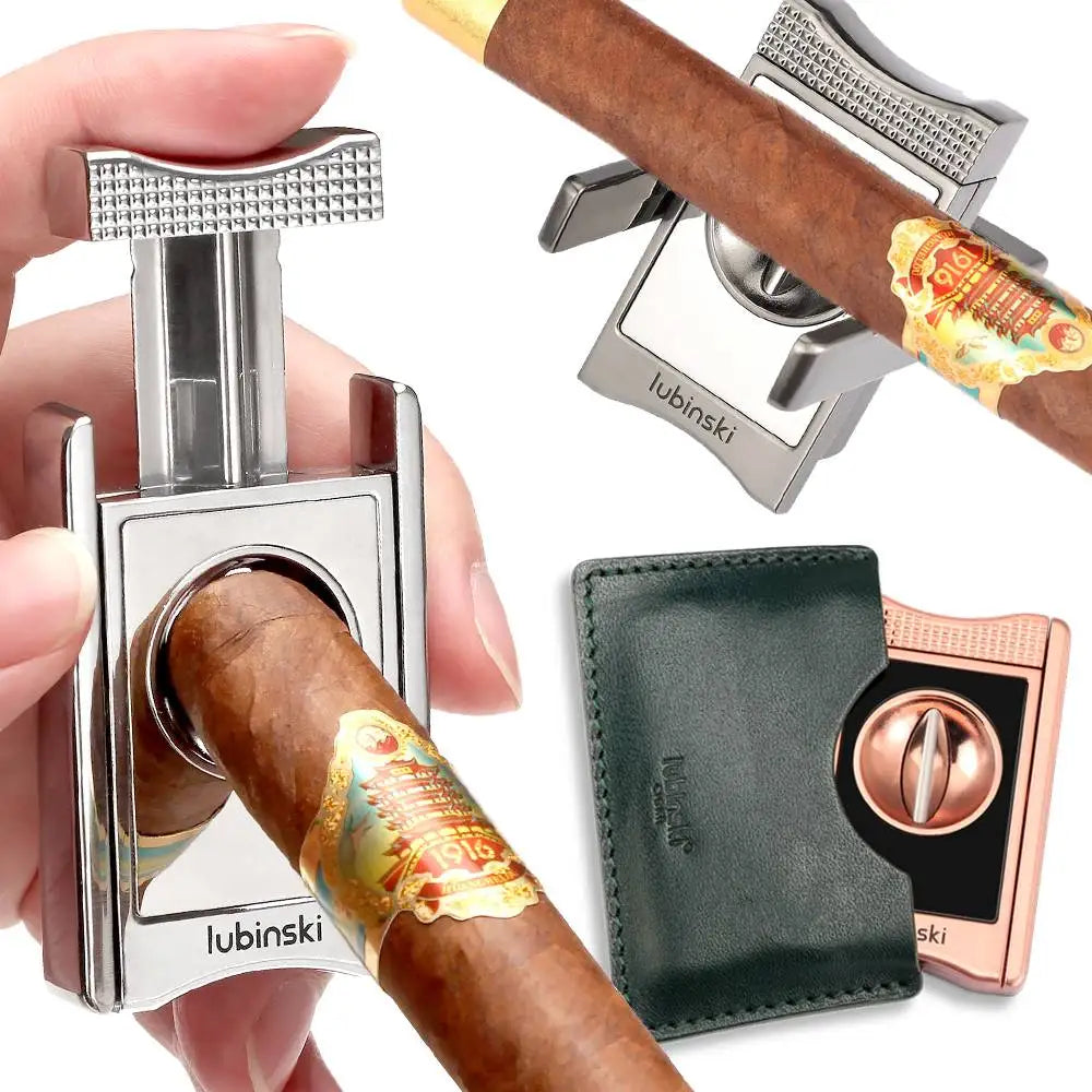 Premium Guillotine Cigar Cutter with Leather Pouch - Zinc Alloy Double Blade V-Cut | Pocket Cigar Accessories