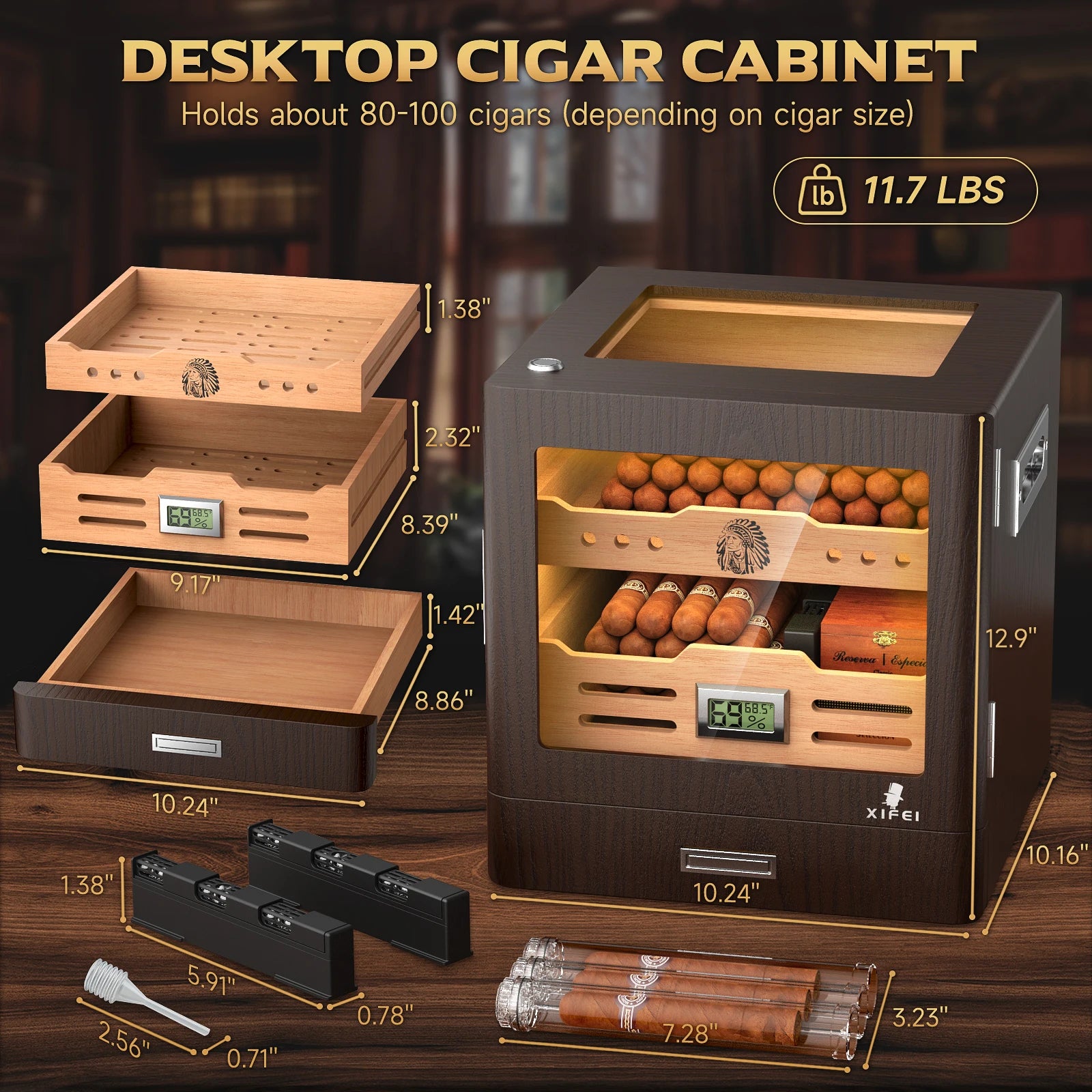 Desktop Cigar Humidor Cabinet - Cedar Wood 100 Cigar Capacity with Digital Hygrometer & LED Lighting | Premium Cigar Storage Box