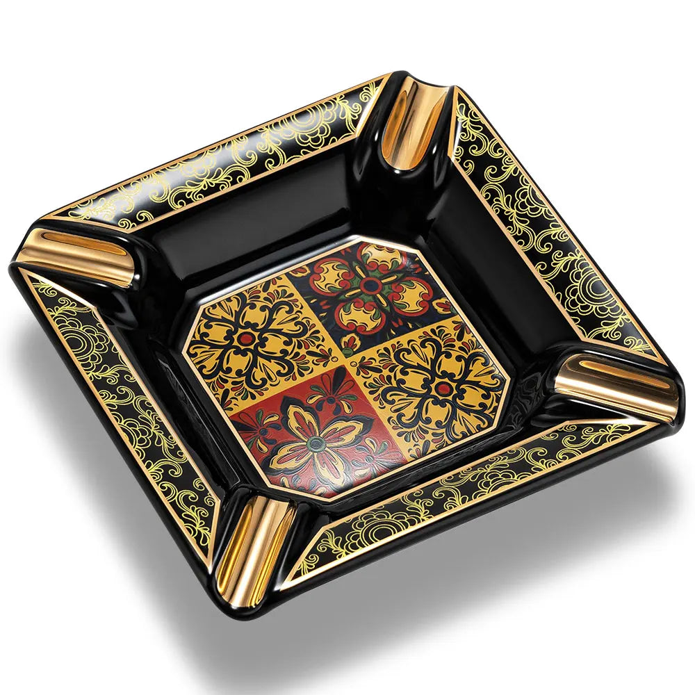 Large Ceramic Cigar Ashtray | 4 Slot Decorative Pattern Gift Box