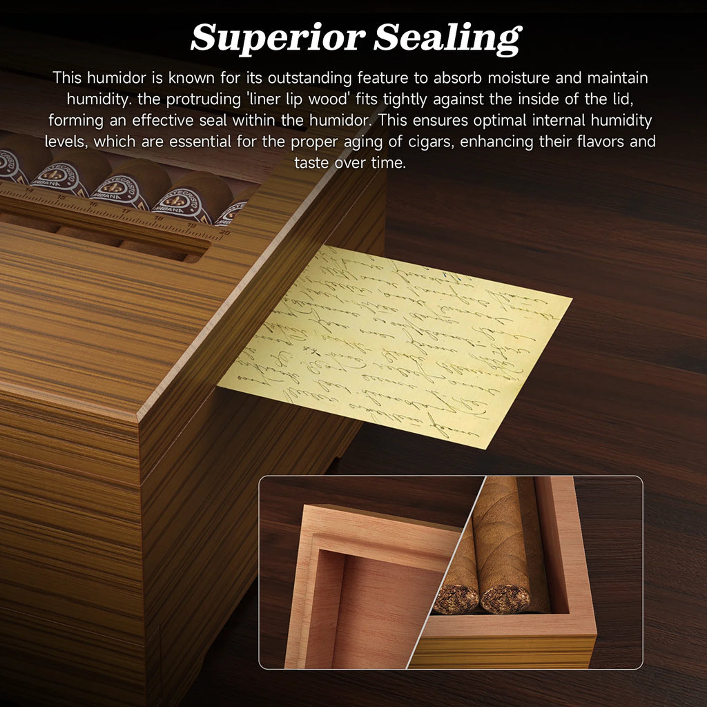 Cedar Wood Desktop Cigar Humidor with Glass Window & Digital Hygrometer - 15-30 Cigar Capacity | Pull-Out Drawer & Gel Humidifier Storage Box