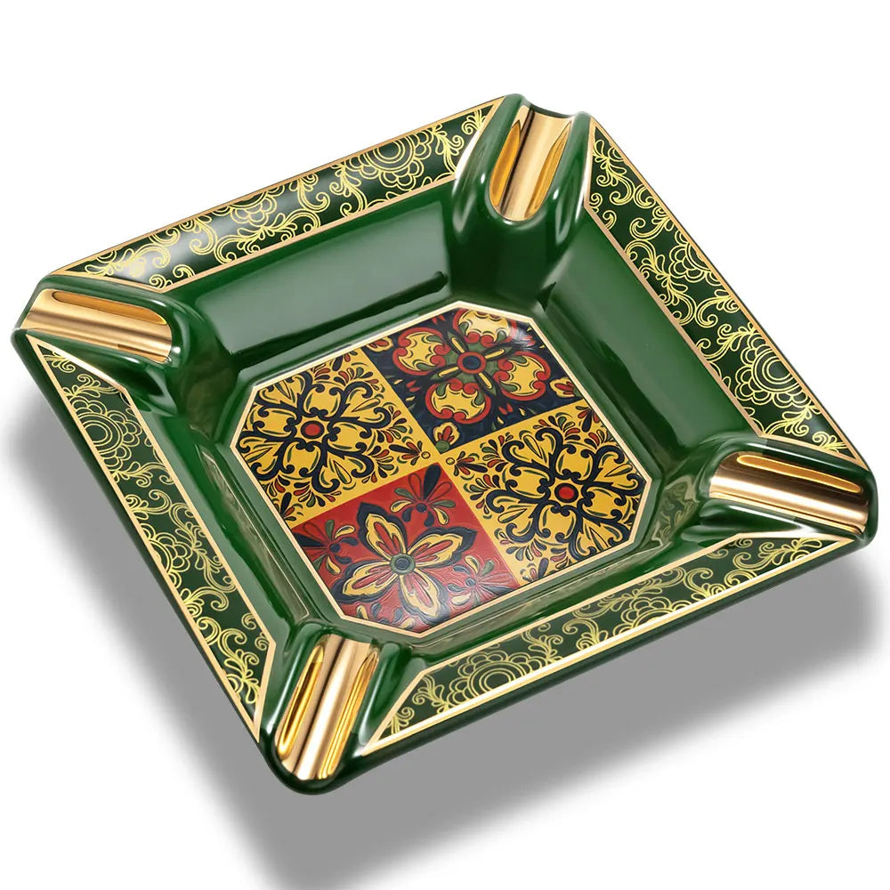 Large Ceramic Cigar Ashtray | 4 Slot Decorative Pattern Gift Box