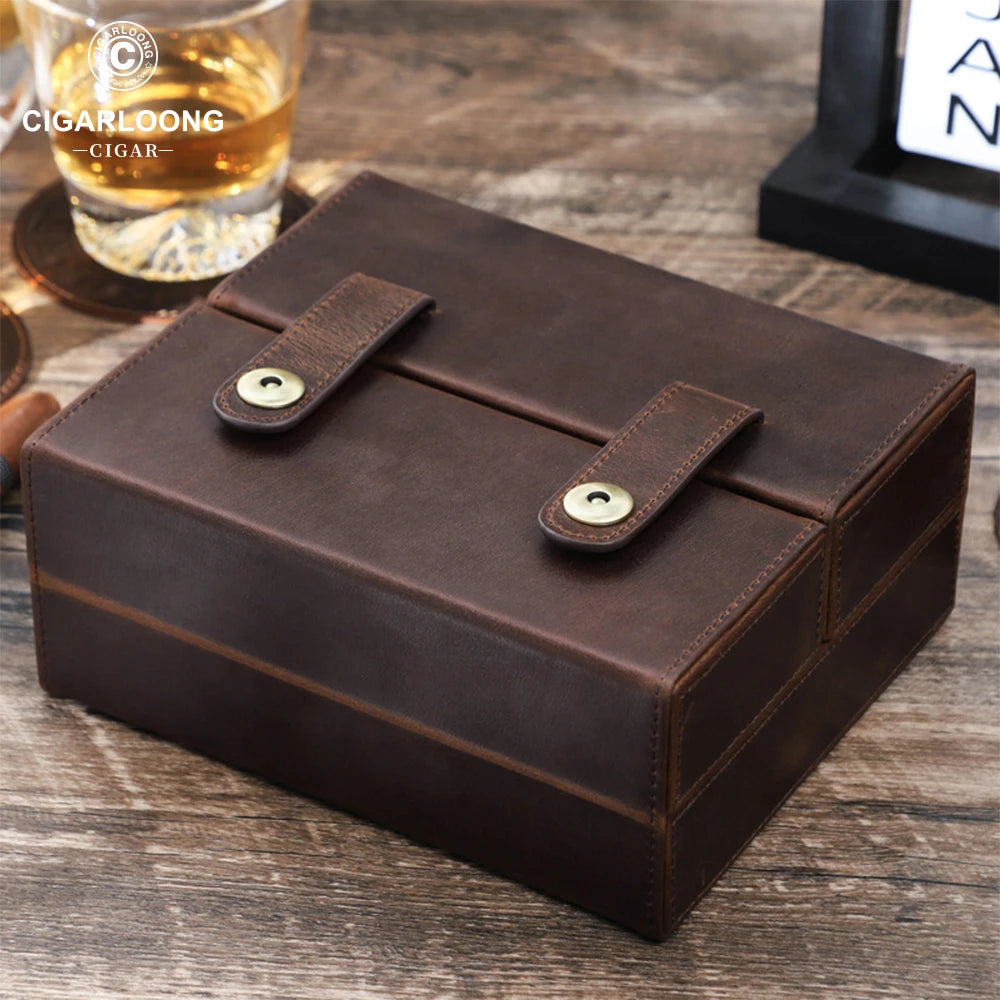 Leather Cigar Travel Case - 7 Cigar Humidor with Hygrometer - Portable Storage Box with Cutter & Lighter Holder