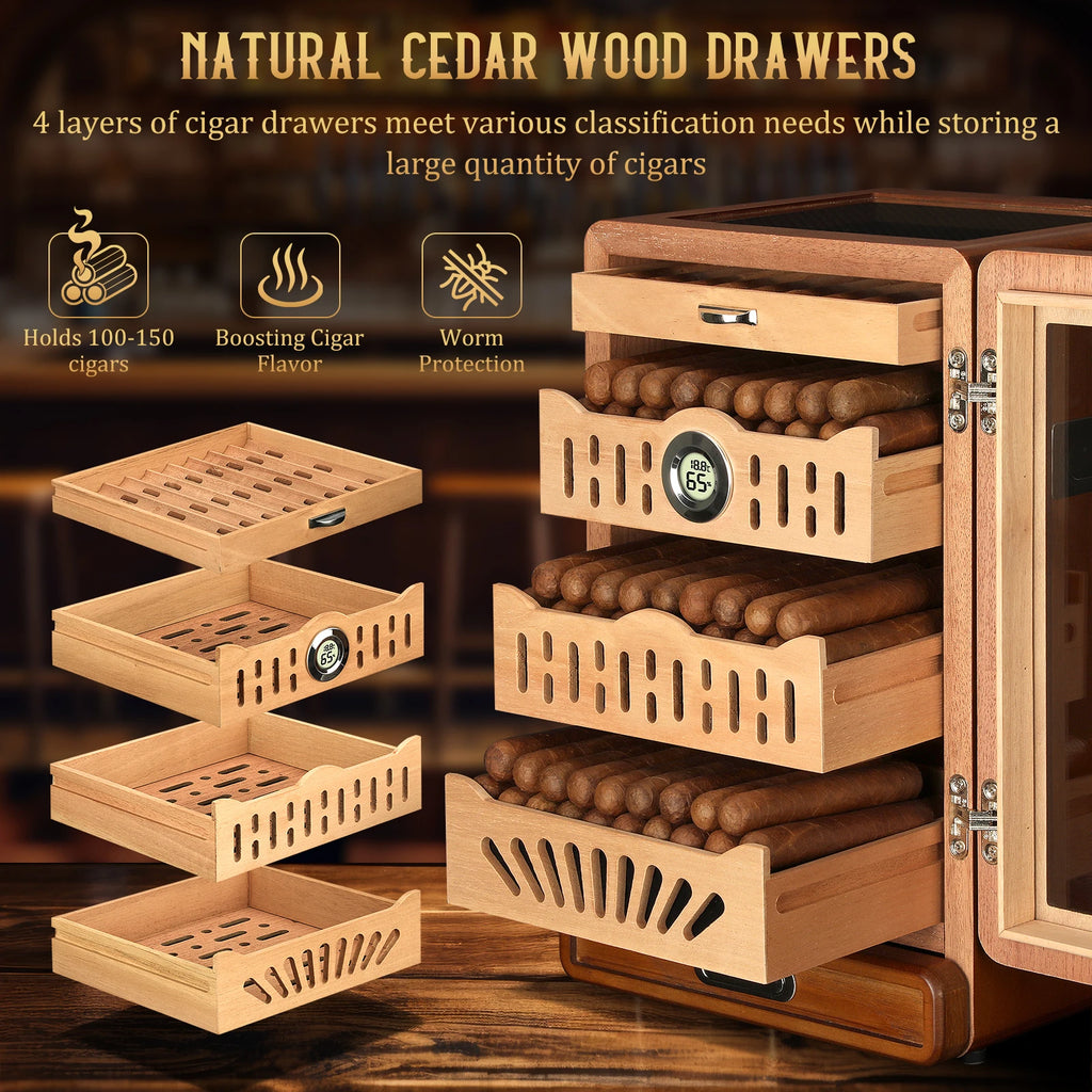 Cedar Wood Cigar Humidor Cabinet with Glass Top - 100-150 Cigar Capacity | Digital Hygrometer & Dual Humidifiers