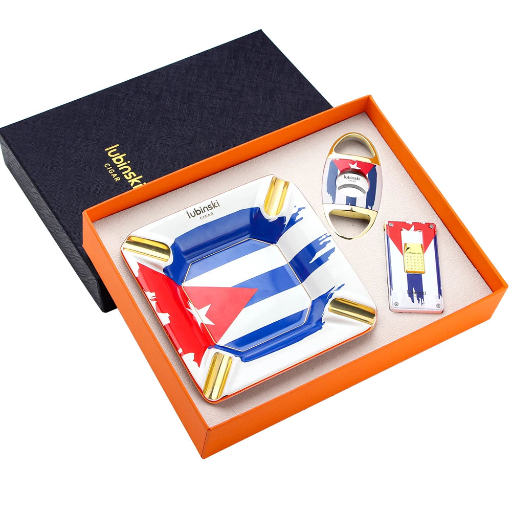 Cigar Accessories Gift Set - Torch Lighter, Cutter & Ceramic Ashtray in Luxury Box | Complete Cigar Starter Kit