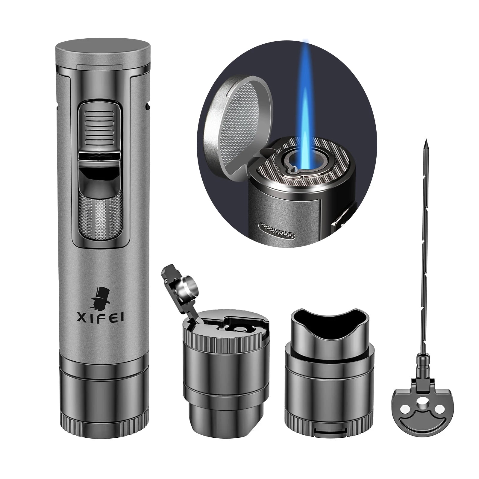Torch Lighter with Cigar Punch & Stand - Refillable Butane Windproof Lighter - 4-in-1 Accessory Tool