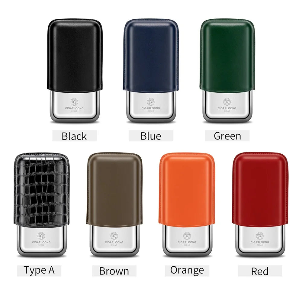 Leather 3-Cigar Travel Case with Stainless Steel Shell - Premium Cowhide Portable Humidor | Cigar Tube Holder