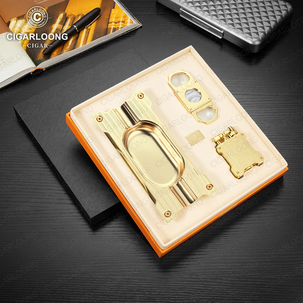 Gold cigar accessories set in a box on a dark surface with 'Cigarloong' branding.