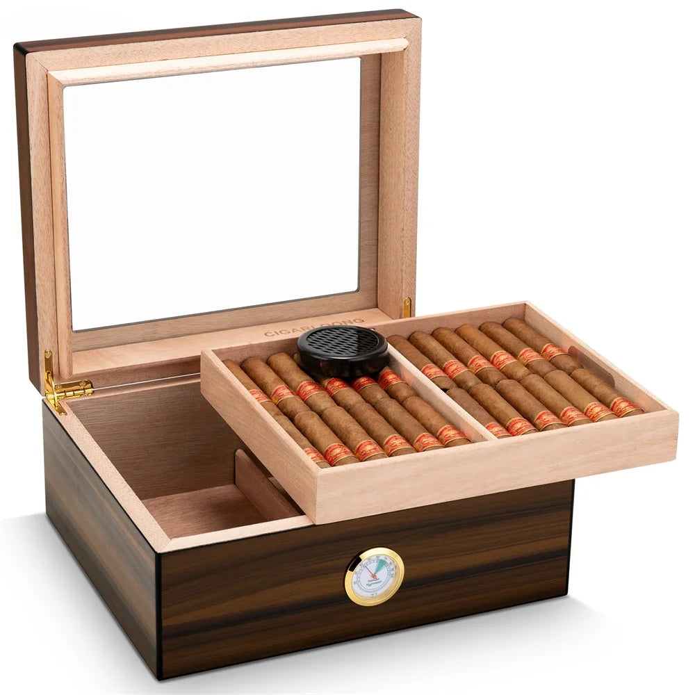 Spanish Cedar Cigar Humidor with Hygrometer & Humidifier - Large Capacity Glass Top Humidor | Premium Ebony Grain Wood Storage Box