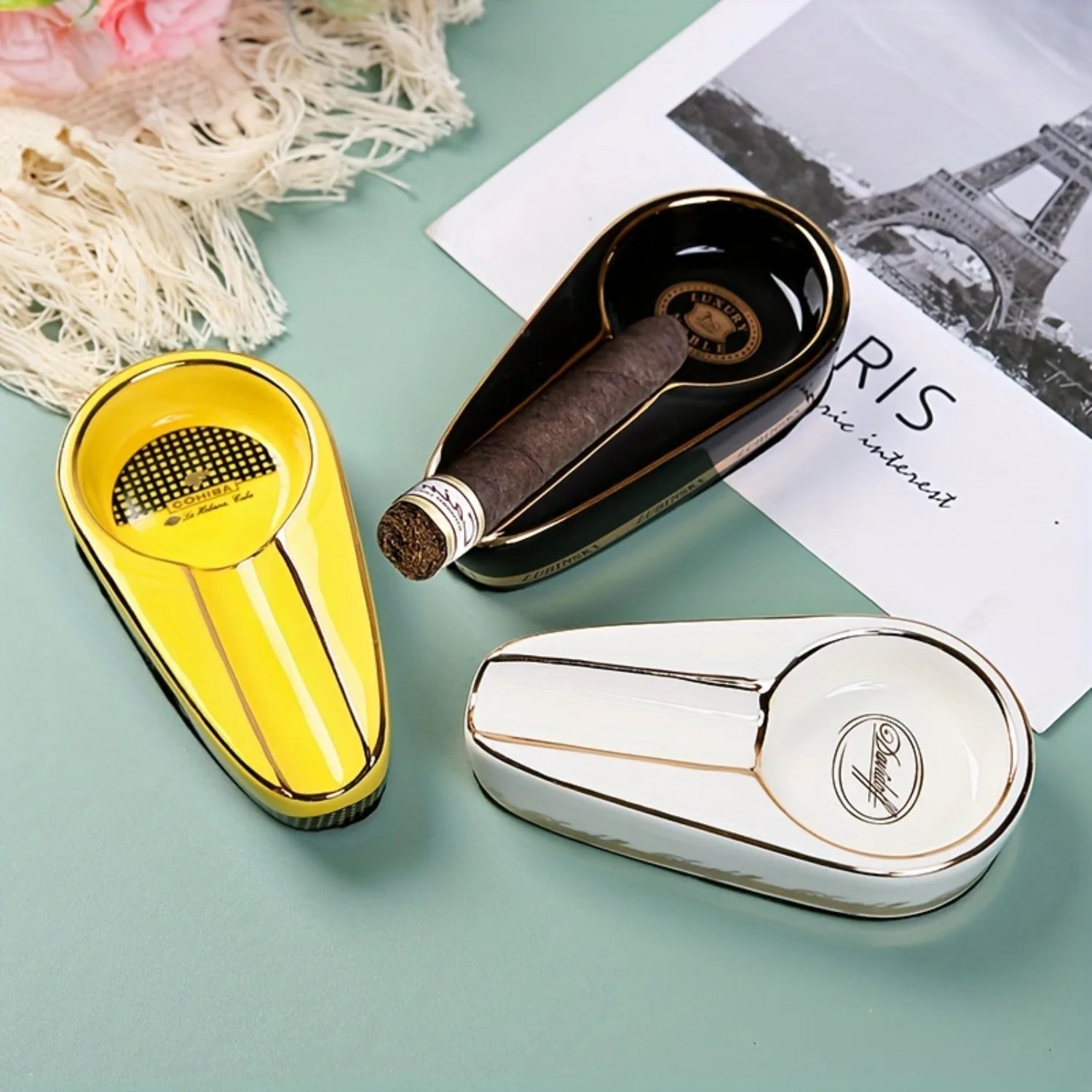 Portable Ceramic Cigar Ashtray with Single Rest - Travel Ash Tray | Compact Oval Design for On-the-Go Smoking