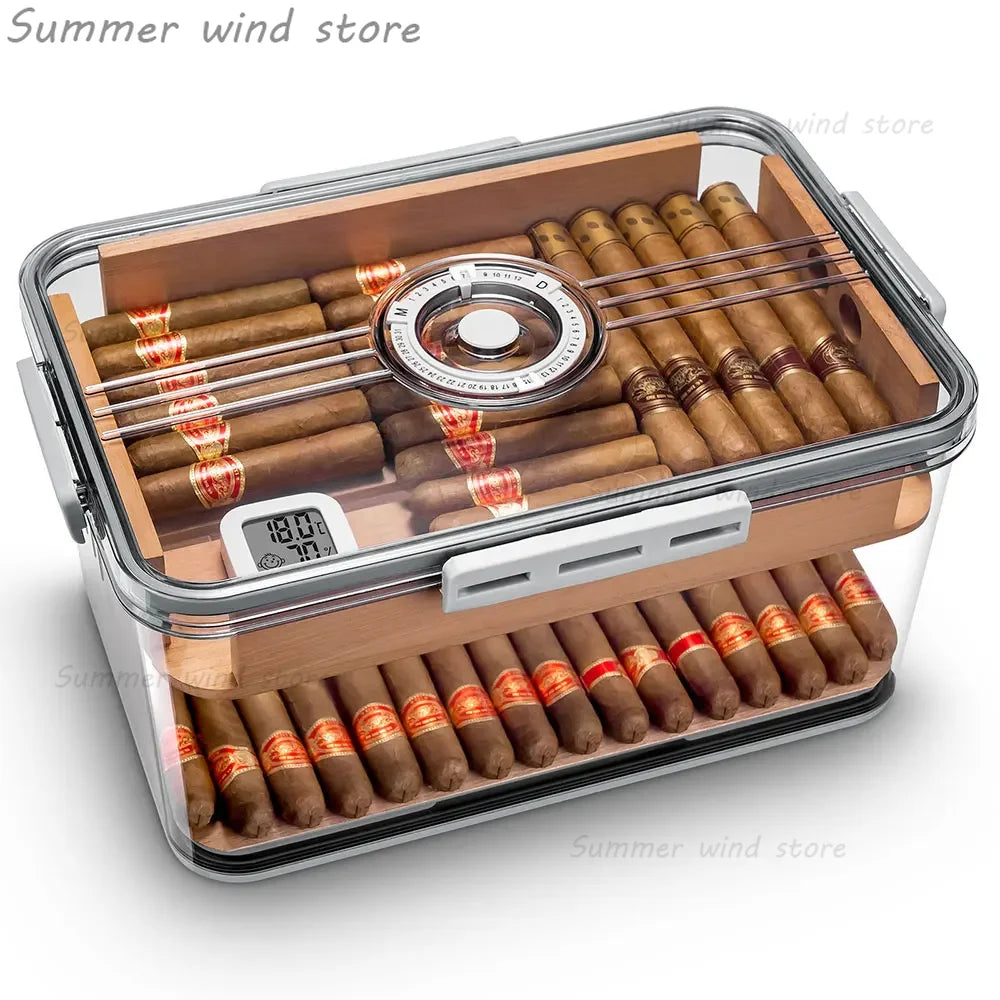 Acrylic Desktop Cigar Humidor with Cedar Wood - Transparent Display Box with Hygrometer & Humidifier | Modern Cigar Storage