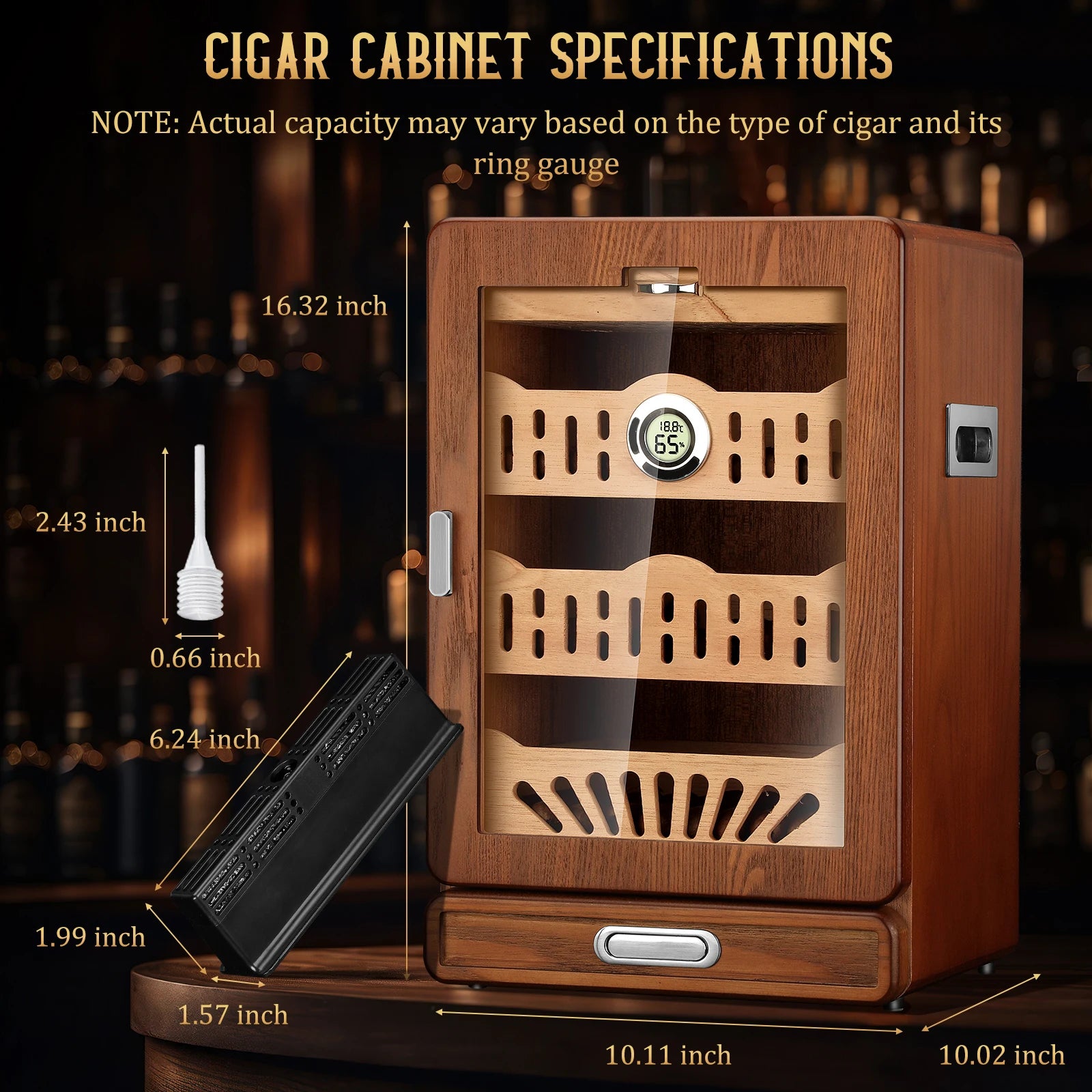 Cedar Wood Cigar Humidor Cabinet with Glass Top - 100-150 Cigar Capacity | Digital Hygrometer & Dual Humidifiers