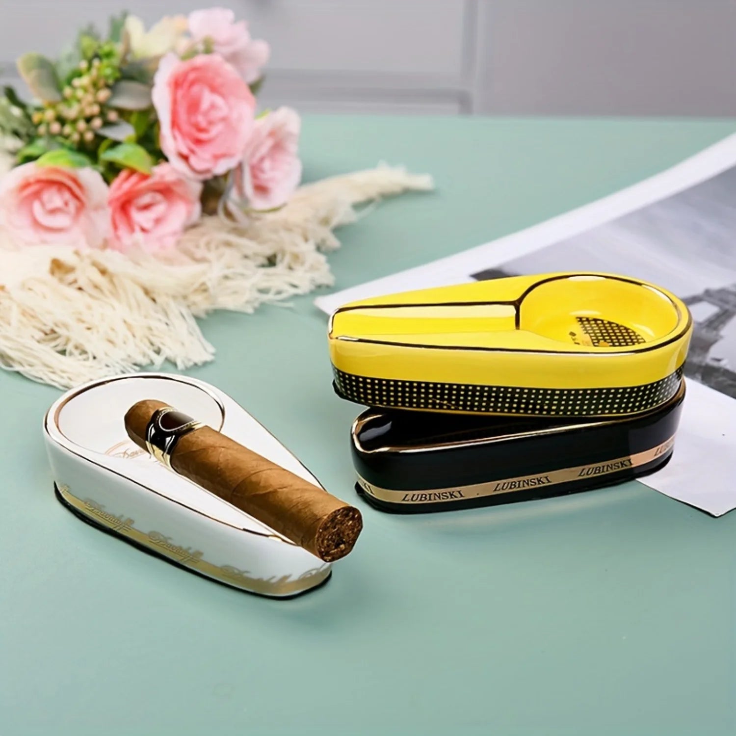 Portable Ceramic Cigar Ashtray with Single Rest - Travel Ash Tray | Compact Oval Design for On-the-Go Smoking