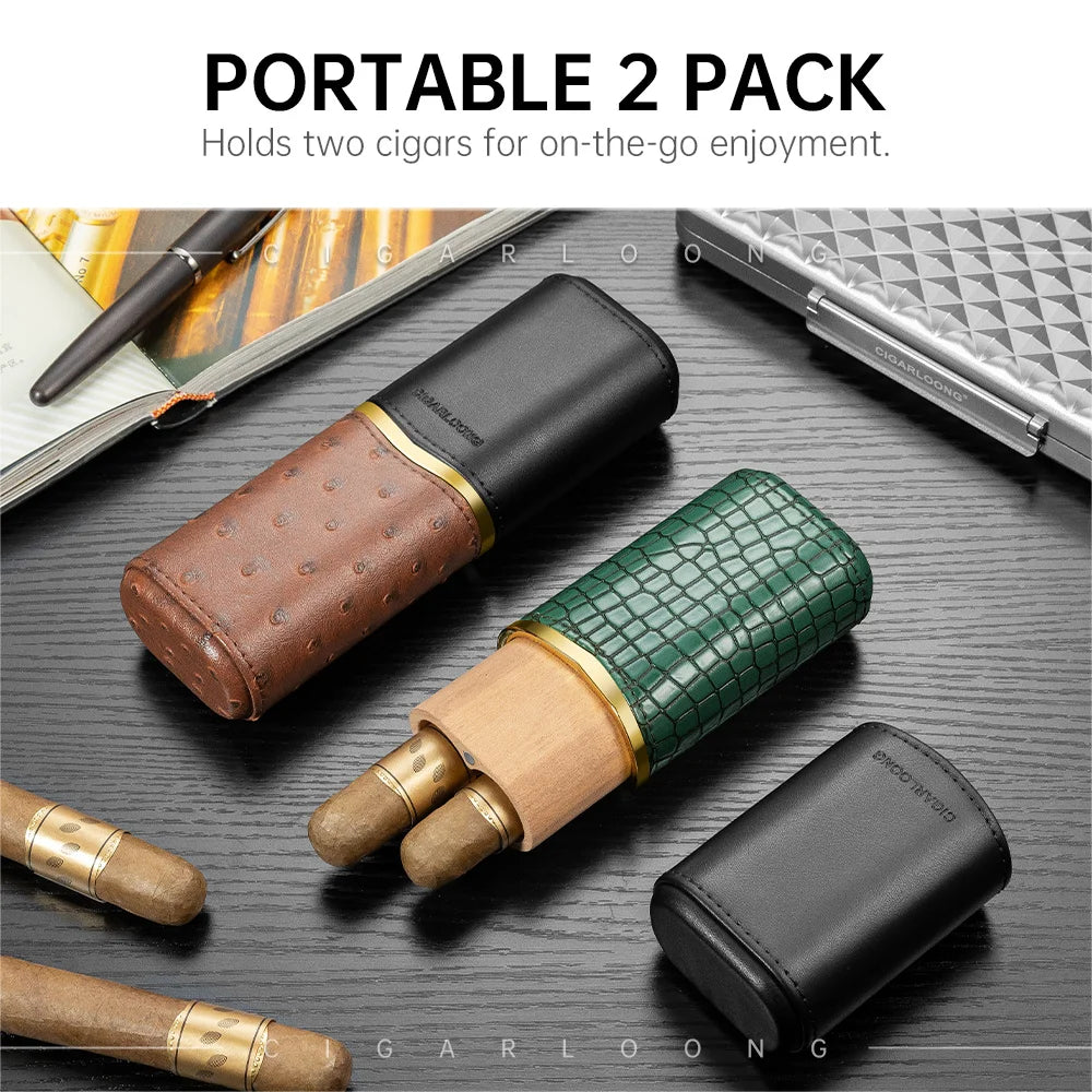 Premium Leather 2-Cigar Travel Case with Cedar Wood Lining - Portable Cigar Tube Holder | Exotic Leather Patterns
