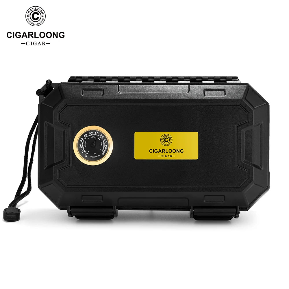 Portable Cigar Humidor Case - 10 Cigar Travel Holder with Hygrometer & Humidifier - Waterproof Storage Box
