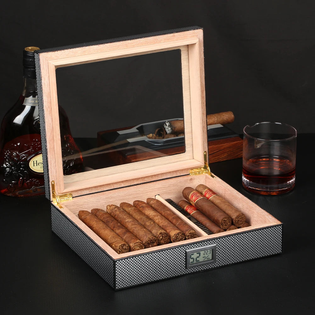 Portable Cedar Wood Travel Humidor with Glass Top - Digital Hygrometer & Humidifier | Compact Cigar Case
