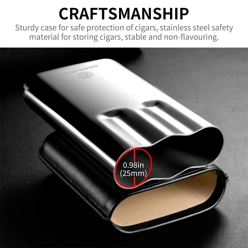 Leather 3-Cigar Travel Case with Stainless Steel Shell - Premium Cowhide Portable Humidor | Cigar Tube Holder