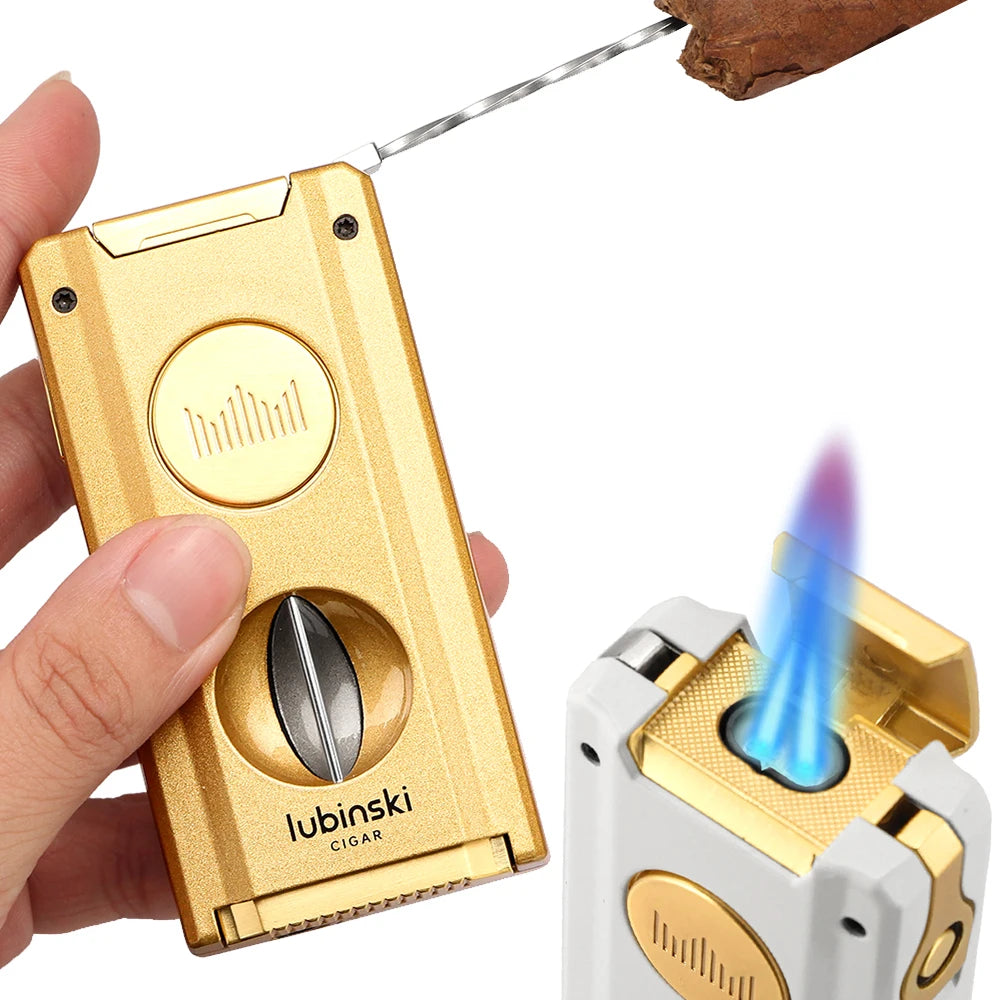 2-in-1 Cigar Lighter with V-Cut Cutter - Refillable Butane Torch Lighter & Built-in Cigar Rest | Compact Cigar Tool