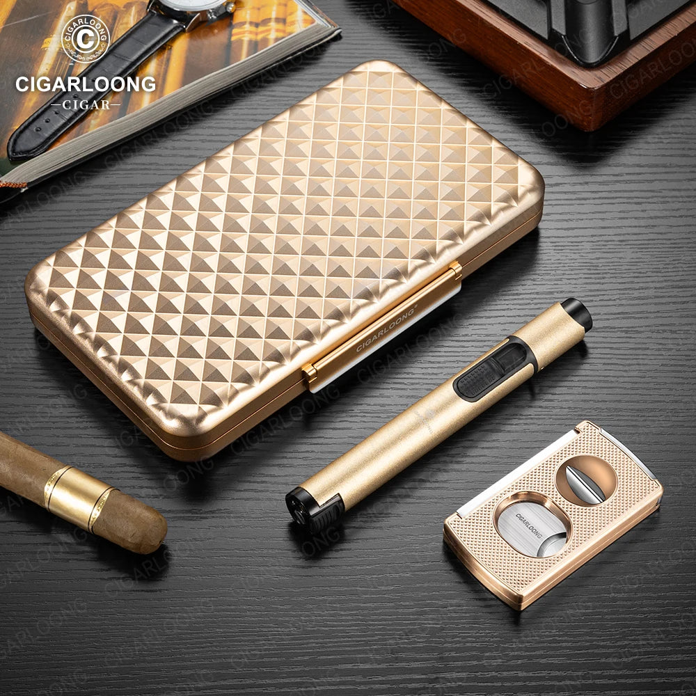 3-Piece Cigar Accessory Travel Case with Torch Lighter, V-Cutter & Humidor | Premium Aluminum Gift Set