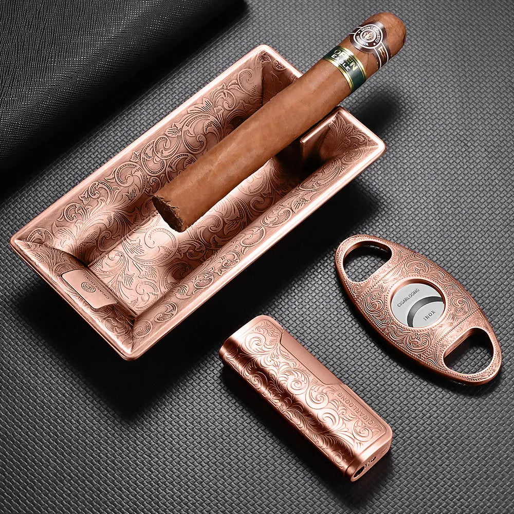 Premium Cigar Gift Set - Windproof Lighter, Cutter & Ashtray | Engraved Metal 3-Piece Cigar Accessories Kit