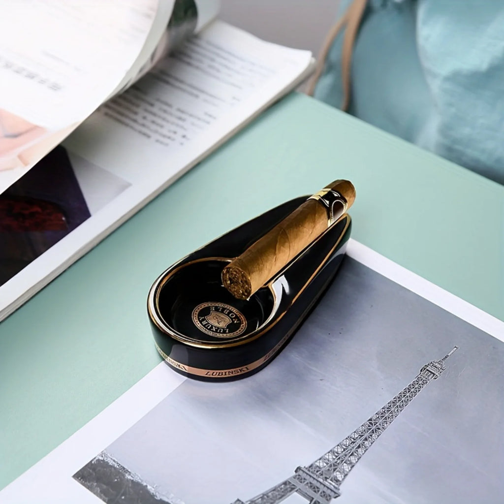 Portable Ceramic Cigar Ashtray with Single Rest - Travel Ash Tray | Compact Oval Design for On-the-Go Smoking