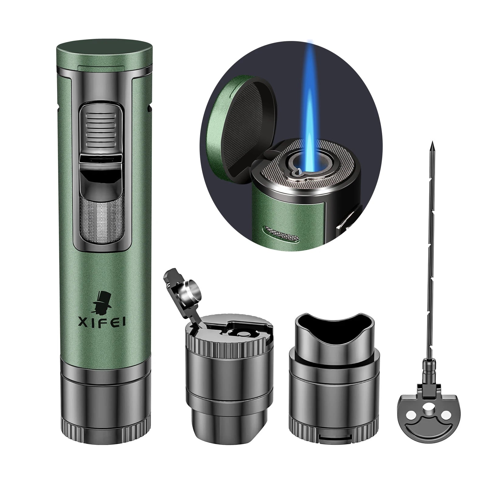 Torch Lighter with Cigar Punch & Stand - Refillable Butane Windproof Lighter - 4-in-1 Accessory Tool