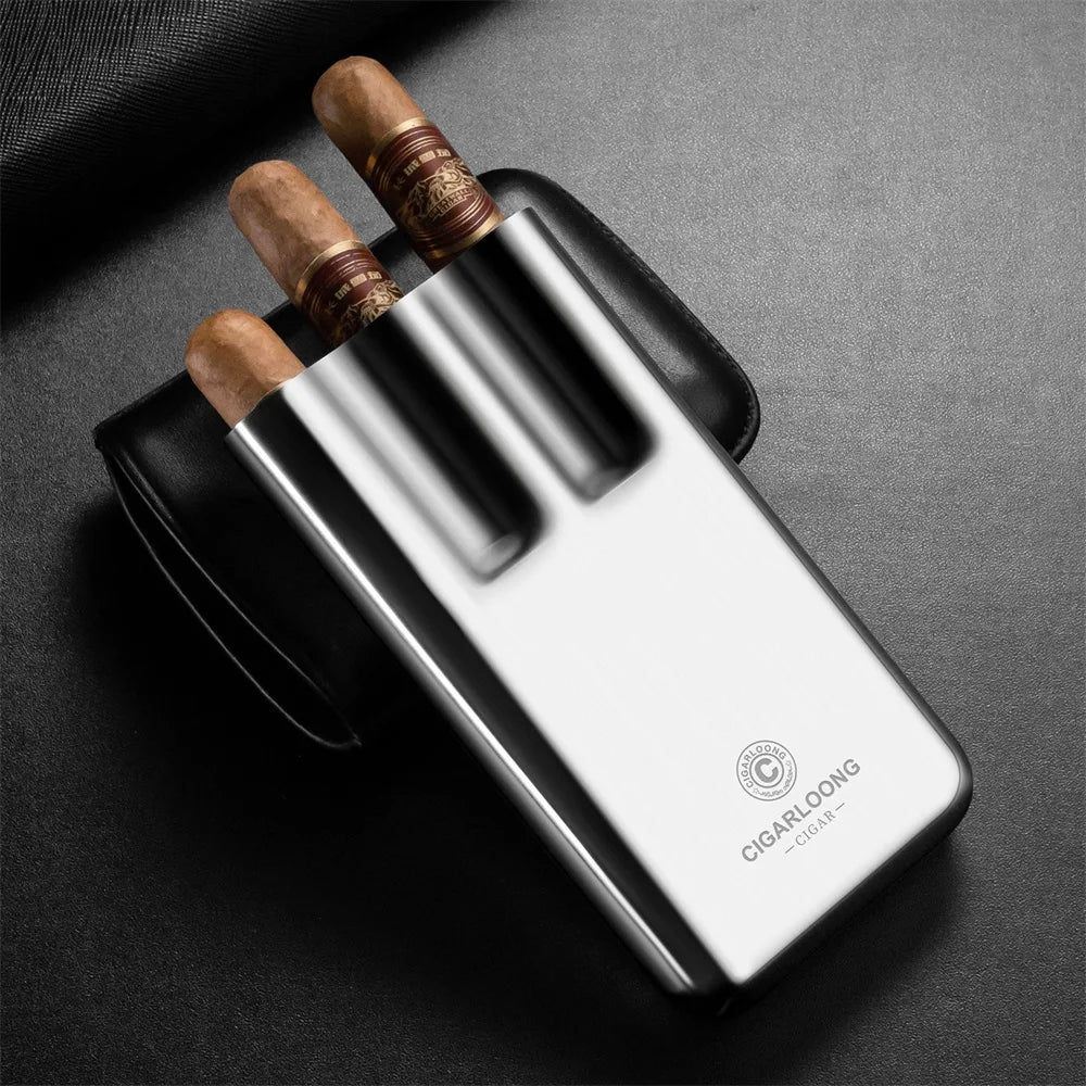 Leather 3-Cigar Travel Case with Stainless Steel Shell - Premium Cowhide Portable Humidor | Cigar Tube Holder