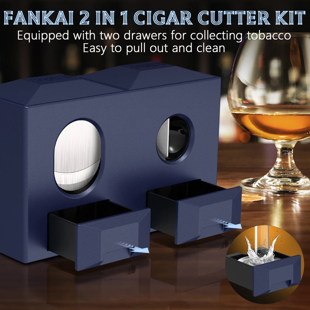 2-in-1 Desktop Cigar Cutter - Dual V-Cut & Straight Guillotine | Ergonomic Table Cutter with Storage Drawers | Stainless Steel Blades