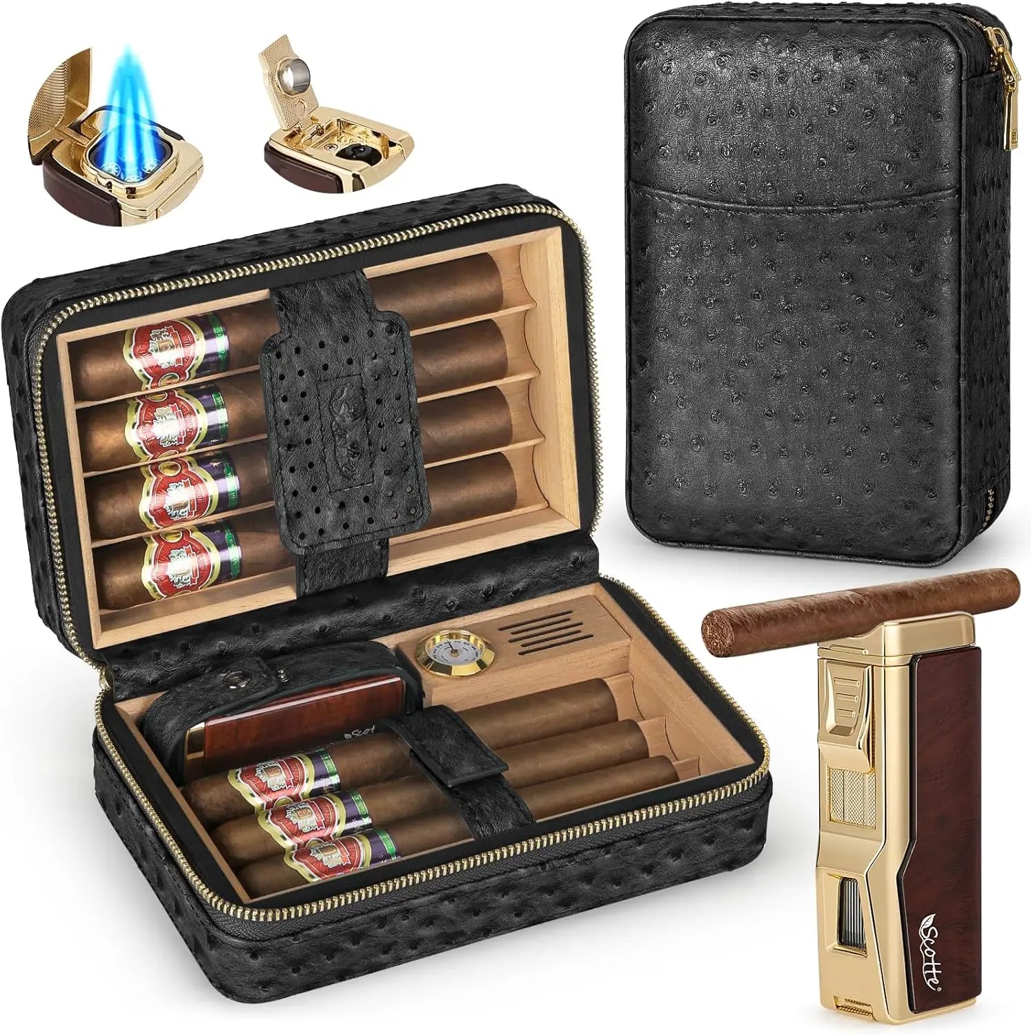 Cedar Wood Travel Cigar Humidor Set | Leather Case with Lighter & Cutter