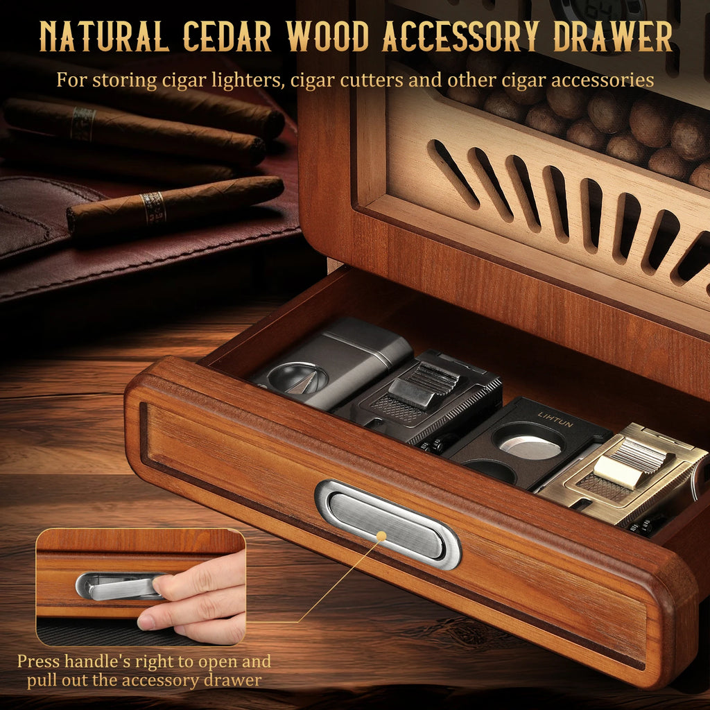 Cedar Wood Cigar Humidor Cabinet with Glass Top - 100-150 Cigar Capacity | Digital Hygrometer & Dual Humidifiers