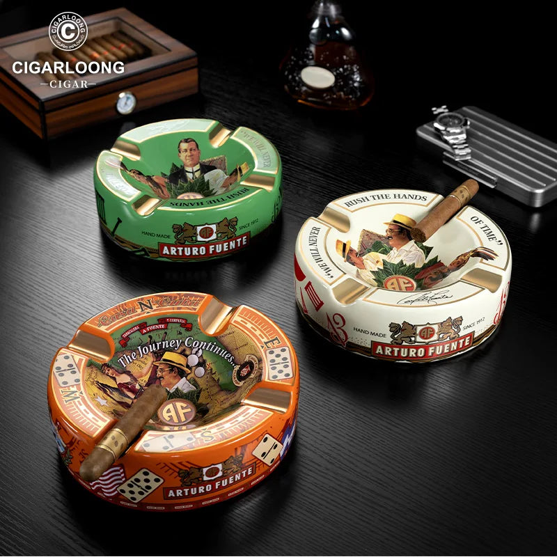 Large Round Ceramic Cigar Ashtray with 4 Rests - Arturo Fuente Design | Gift Box Included