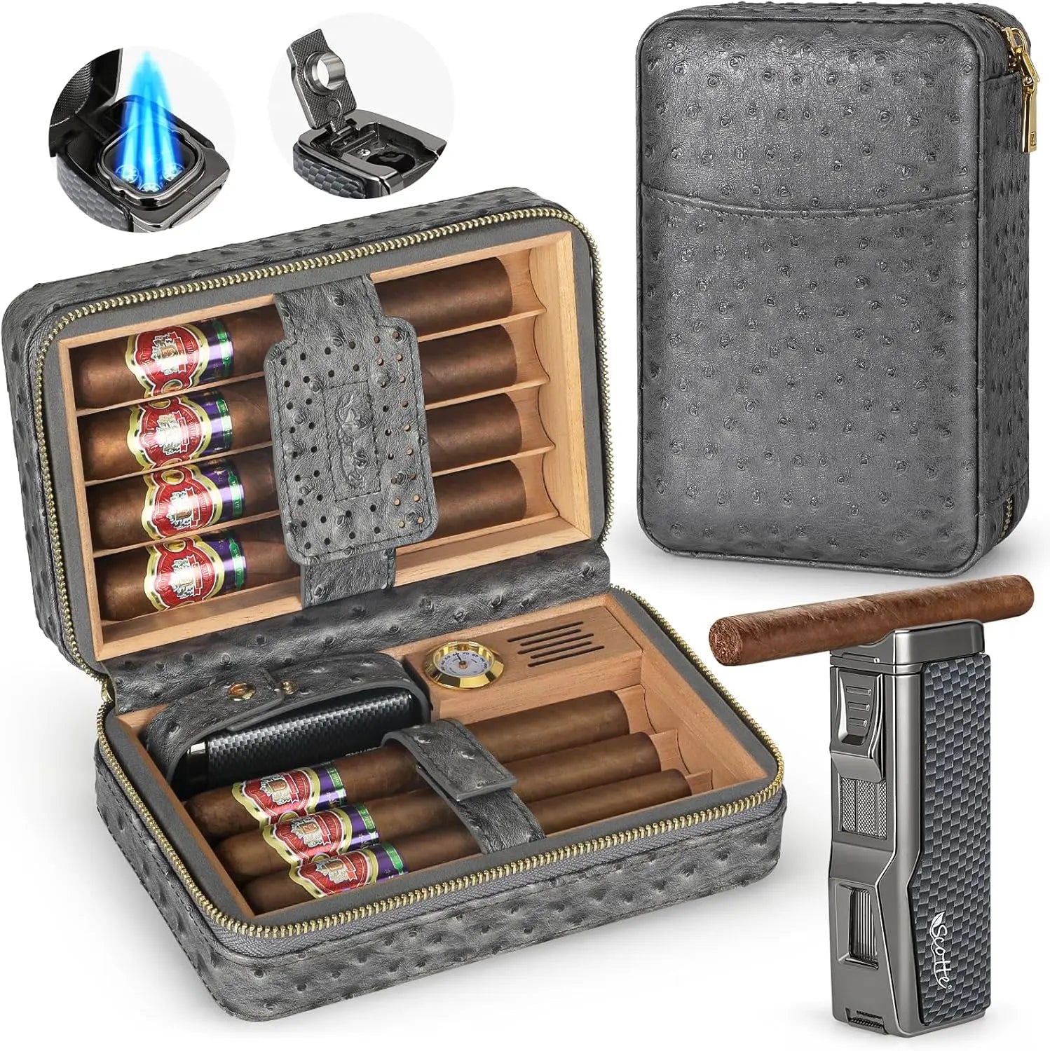 Cedar Wood Travel Cigar Humidor Set | Leather Case with Lighter & Cutter